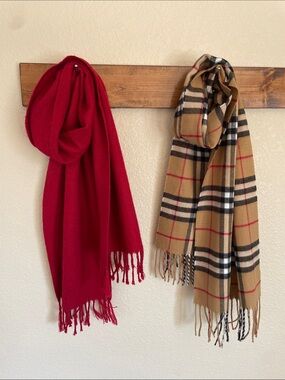 Scarf Bundle Lot of 2 Plaid & Red Fringe Scarves Classic Solid Wrap Academia
